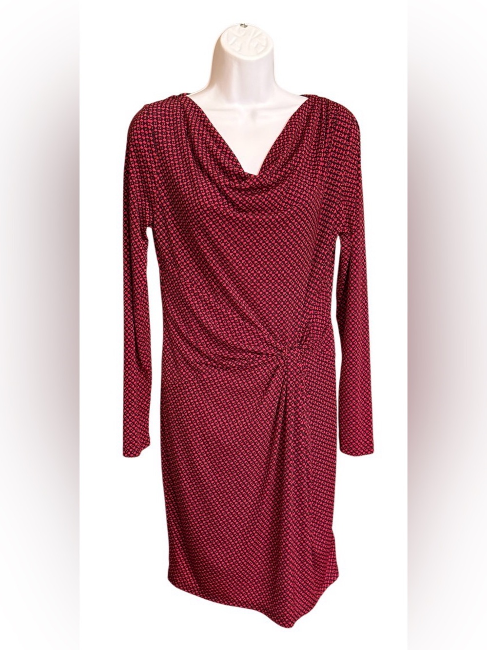 MICHAEL Michael Kors M Red Navy Geometric Cowl Neck Side Knot Dress